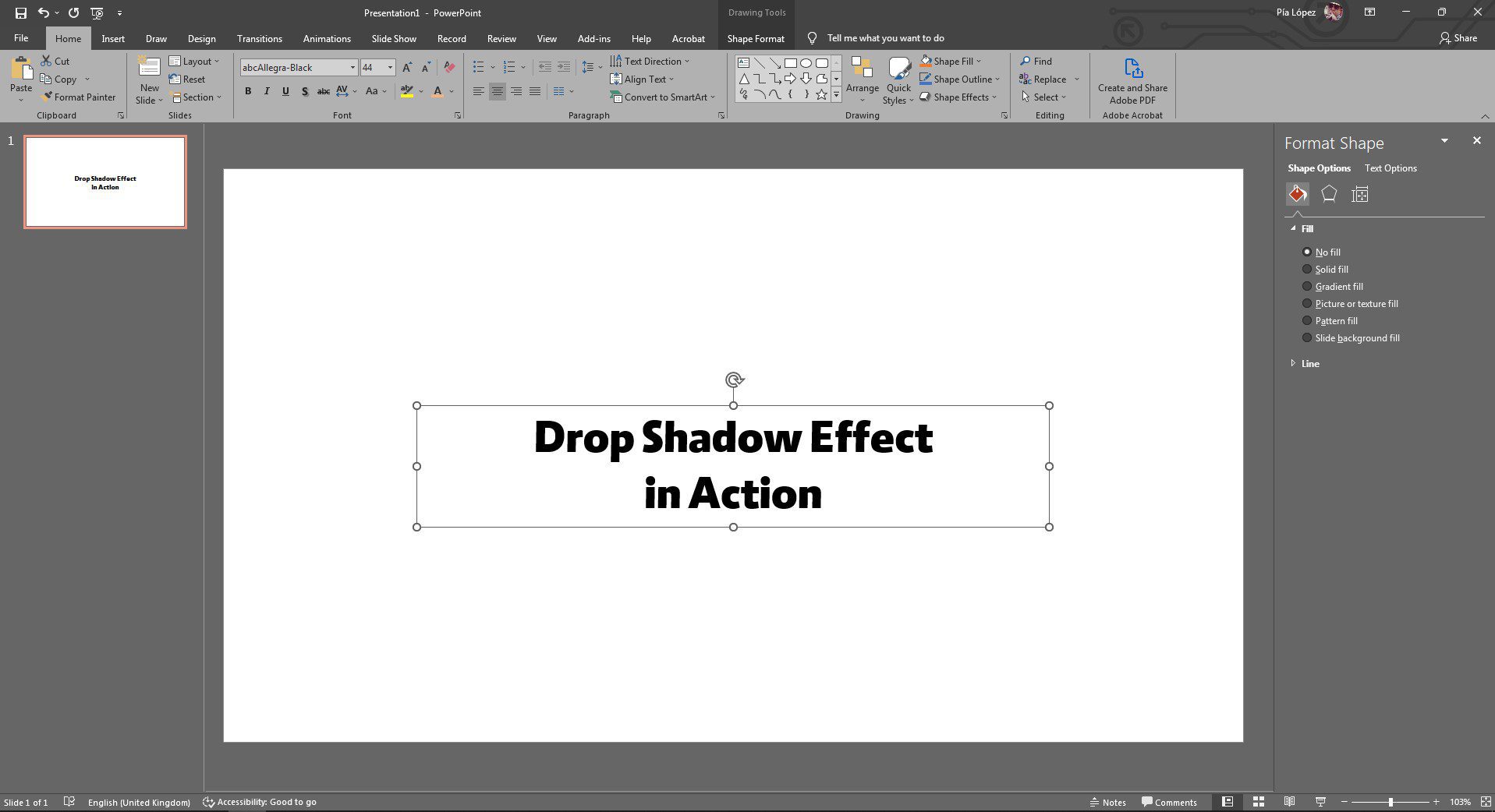 punto de partida para aplicar la sombra de texto en PowerPoint