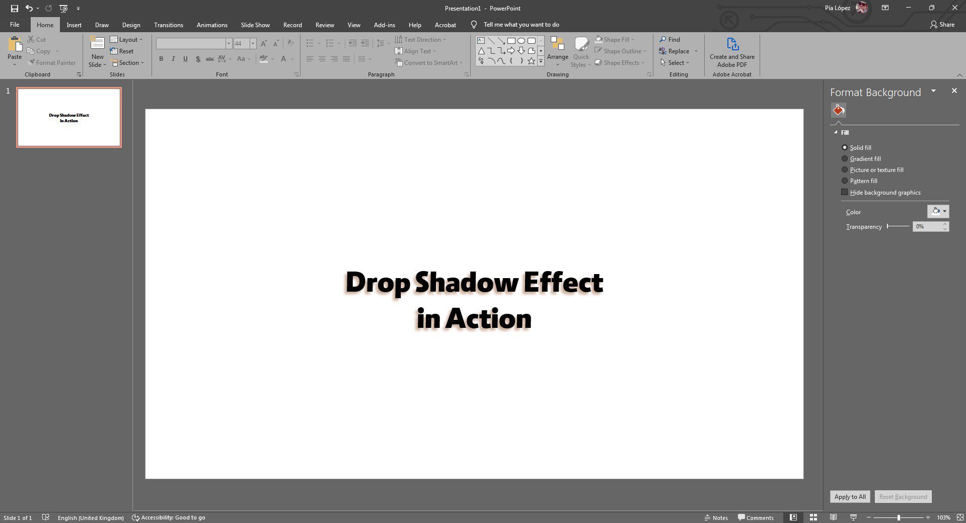 Efecto final para aplicar la sombra de texto en PowerPoint