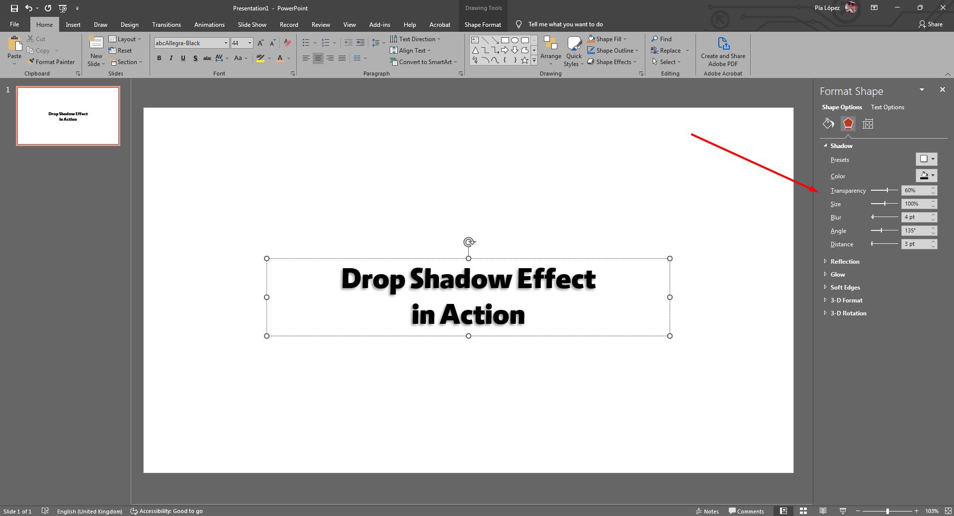 texto con sombra de texto aplicada en PowerPoint