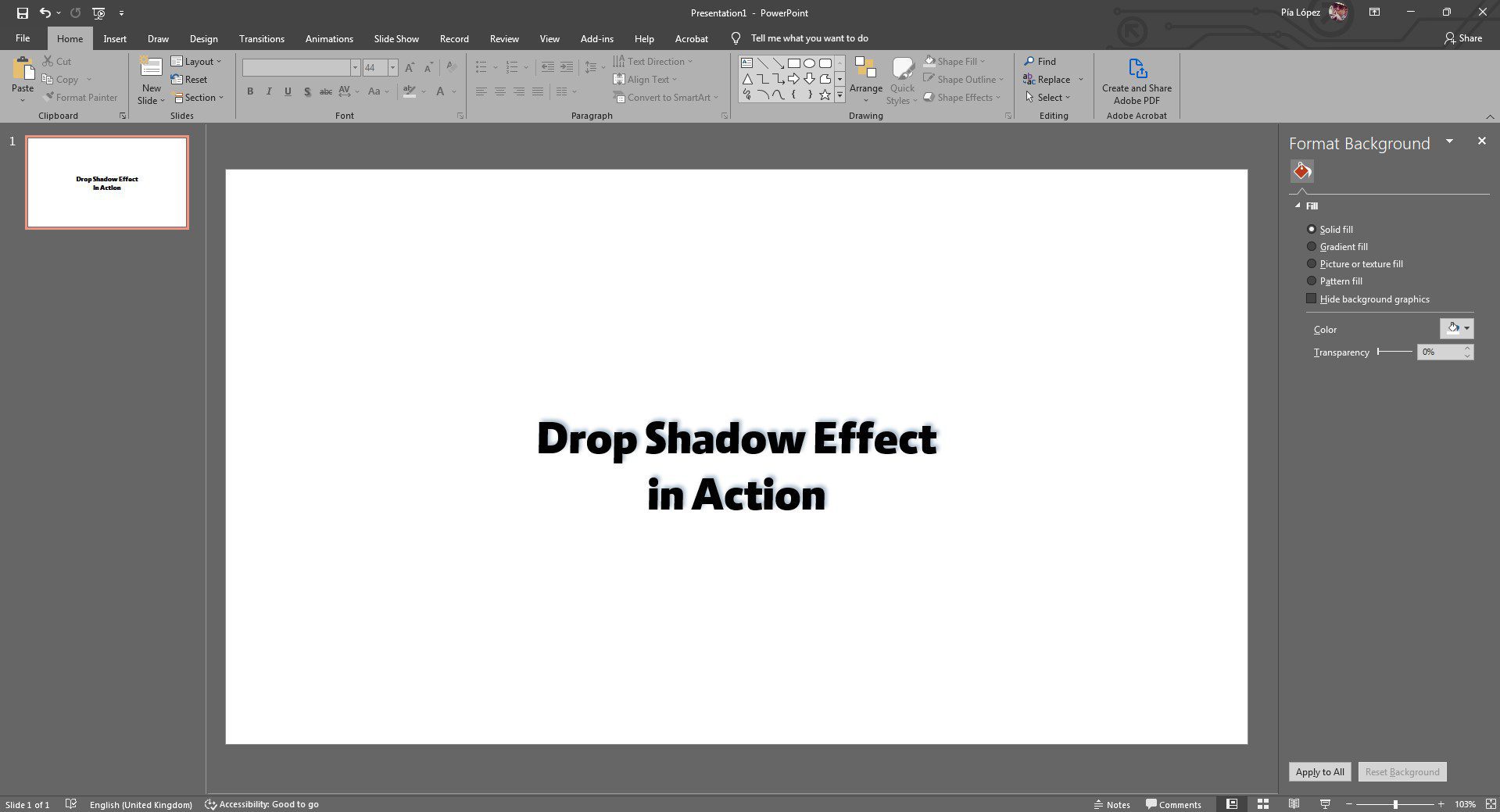 Efecto final de cómo aplicar la sombra de texto en PowerPoint (tinte azul)