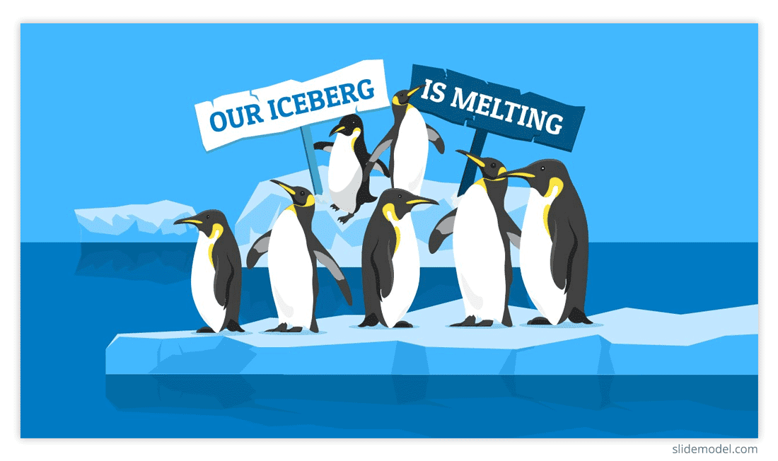 Nuestro iceberg se está derritiendo Concepto con pingüinos en un iceberg