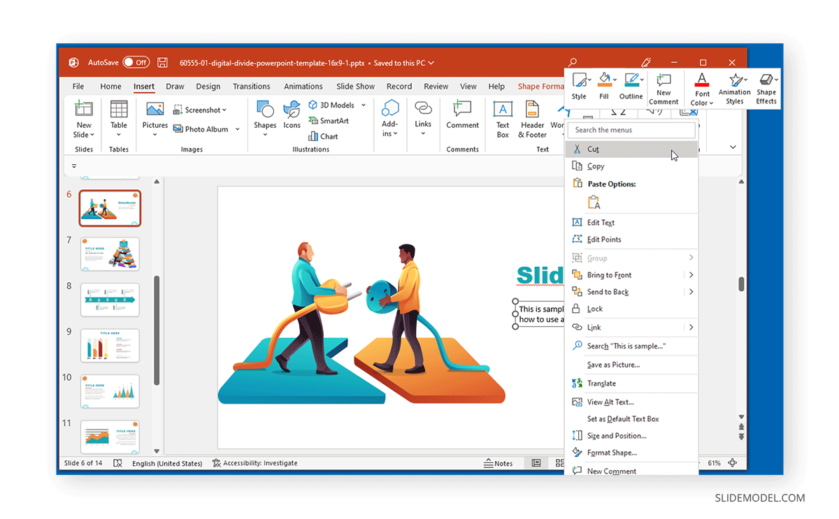 Borrar un cuadro de texto en PowerPoint usando cortar