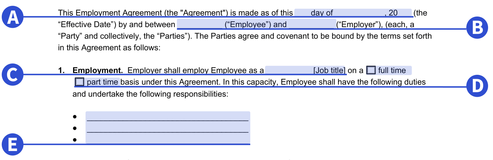 Una captura de pantalla de dónde incluir los detalles iniciales en nuestra plantilla de contrato de trabajo