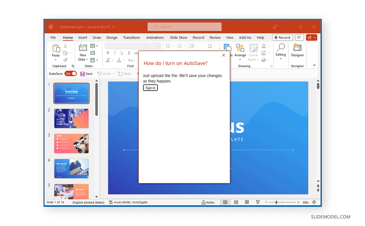Inicia sesión en OneDrive para activar el guardado automático en PowerPoint