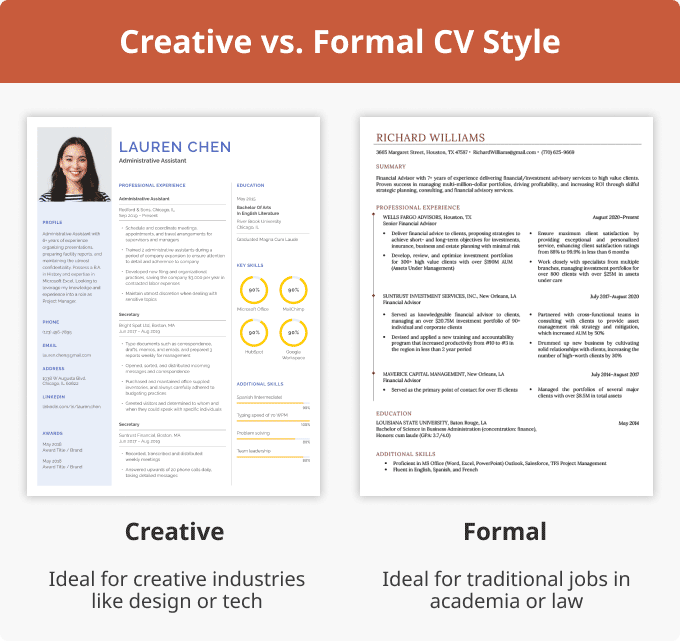 Una imagen que compara un currículum creativo, con una foto de rostro y colores brillantes, con un currículum formal, que parece simple y minimalista.