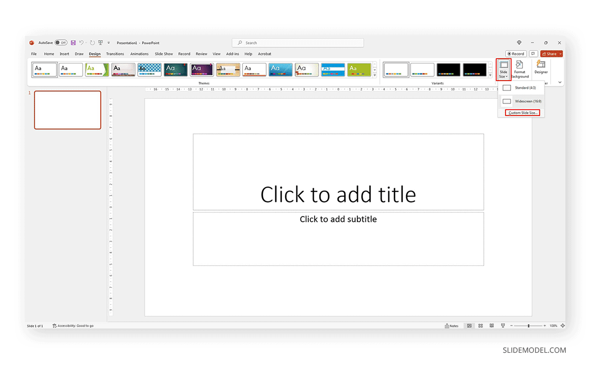 Localizar el tamaño de diapositiva personalizado en PowerPoint