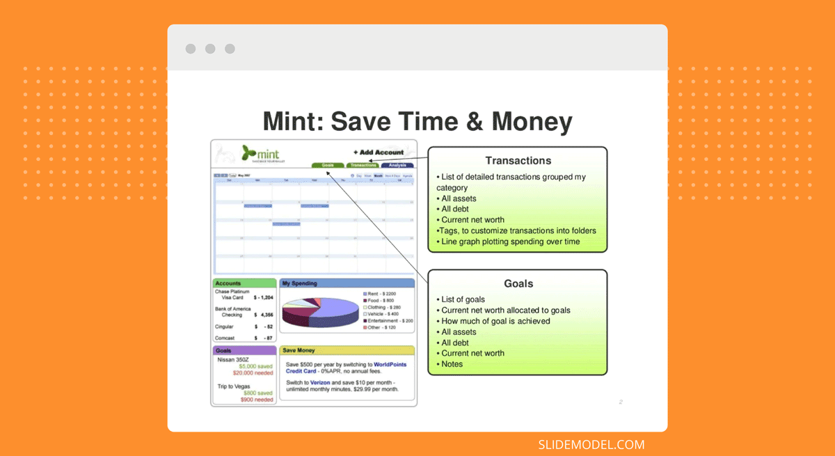 Mint Pitch Deck ejemplo de diseño de diapositiva para ahorrar dinero mostrando un cuadro de mandos con transacciones y objetivos