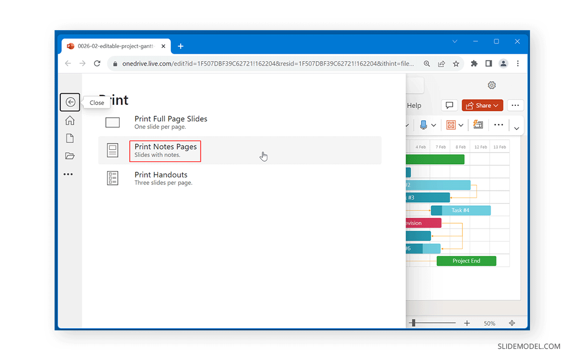 Opción Imprimir páginas de notas en OneDrive