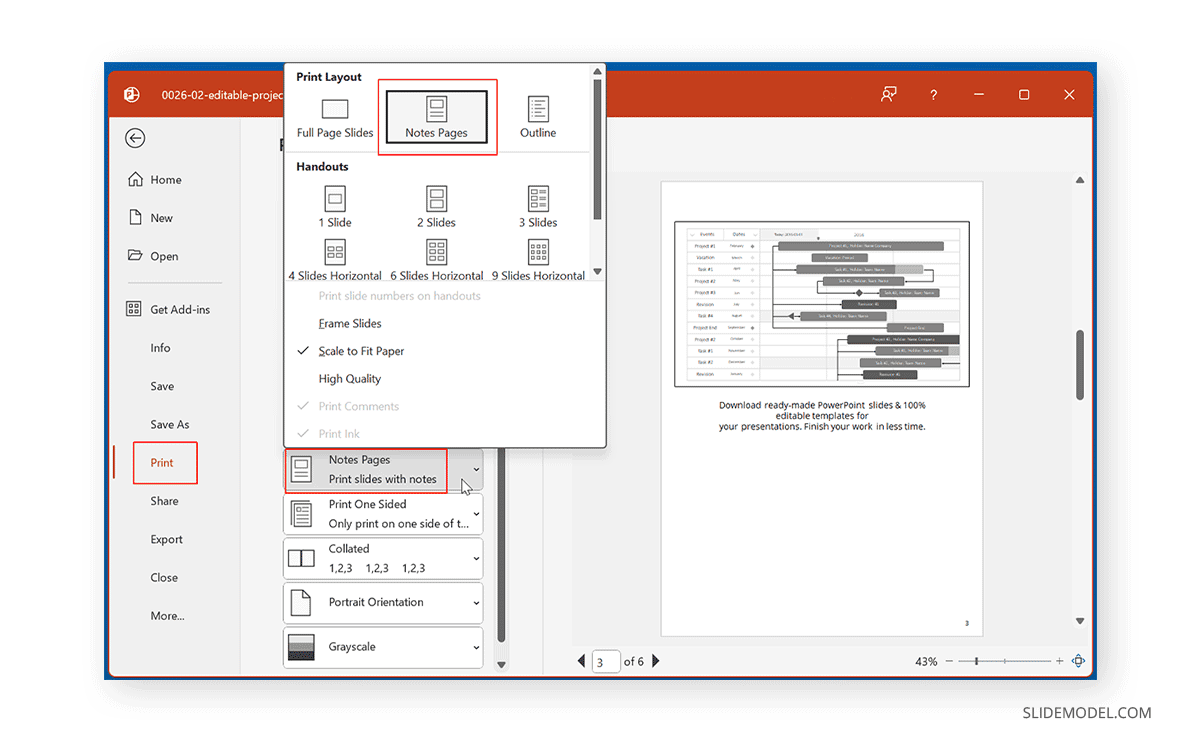 Opciones de diseño de impresión en PowerPoint para acceder a las páginas de notas