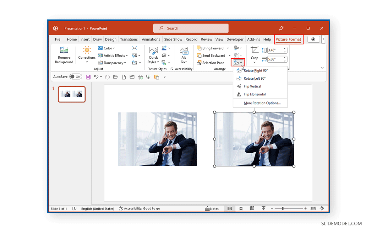 Acceder al Formato de Imagen para saber cómo voltear una imagen en PowerPoint