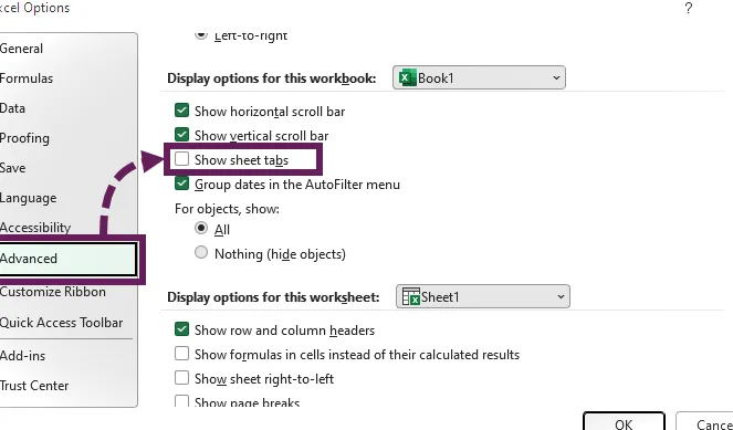 Opciones de Excel para ocultar todas las pestañas