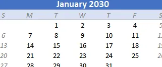 Calendario de Excel creado con una fórmula.