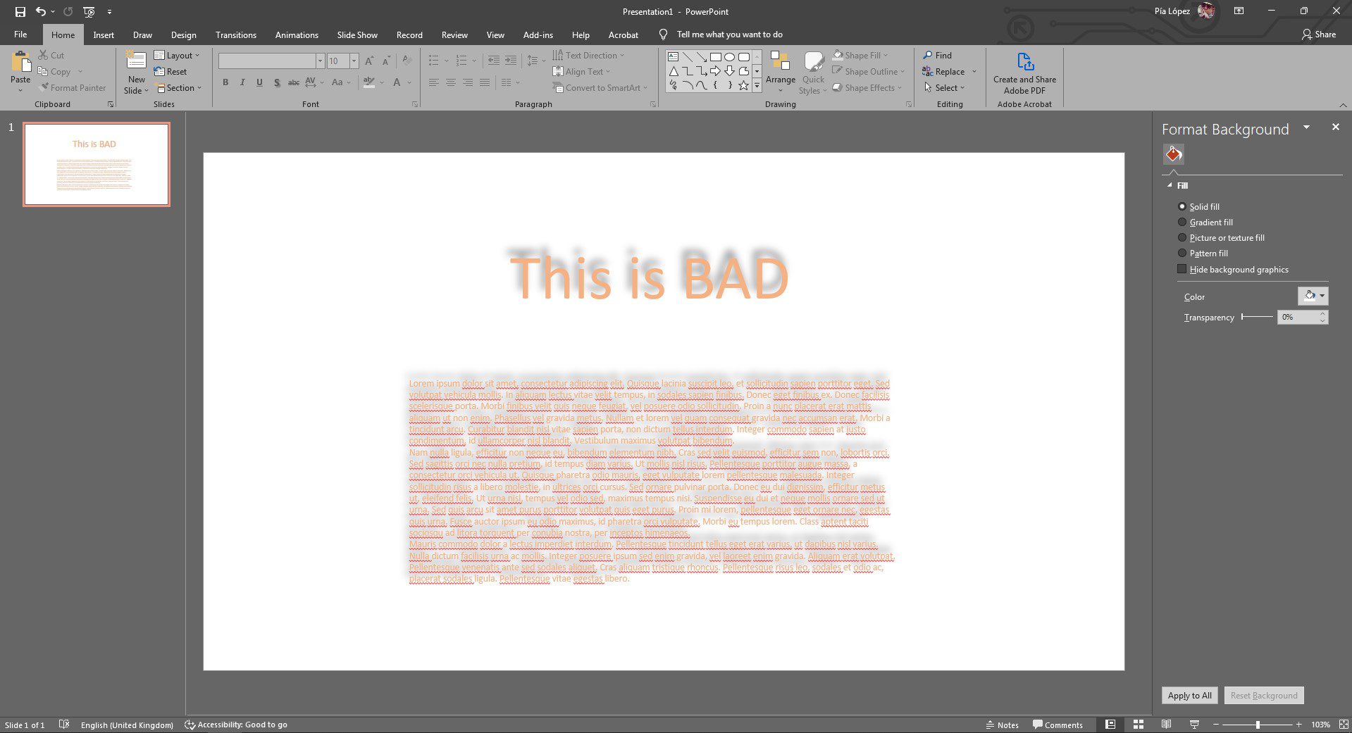 mal uso de la sombra del texto en PowerPoint